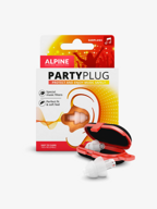 Alpine PartyPlug i rød og gul eske med tegning av et øre, foran en svart oppbevaringsboks med to gjennomsiktige ørepropper med musikkfilter