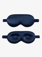 To mørkeblå silkesovemasker, den ene sett forfra og den andre fra innsiden med to formede øyekopper