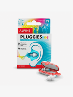 Alpine Pluggies Kids i turkis eske med tegning av et øre, foran en åpen rød oppbevaringsboks med to små ørepropper med filter