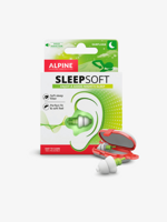Alpine SleepSoft i grønn eske med tegning av et øre, foran en åpen rød oppbevaringsboks med to hvite ørepropper med filter