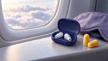 En åpen blå reiseboks med to hvite filterpropper og to gule skumpropper i vinduskarmen på et fly, med skyer utenfor vinduet