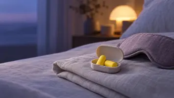En liten åpen boks med to gule skumpropper på et sammenbrettet lysegrått putetrekk ved siden av en grå sovemaske, med en dempet nattbordslampe i bakgrunnen