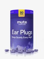 Lilla boks merket Mute Ear Plugs, 30 pairs, med lilla skumpropper strødd foran boksen