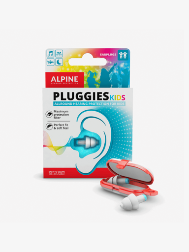 Alpine Pluggies Kids i turkis eske med tegning av et øre, foran en åpen rød oppbevaringsboks med to små ørepropper med filter