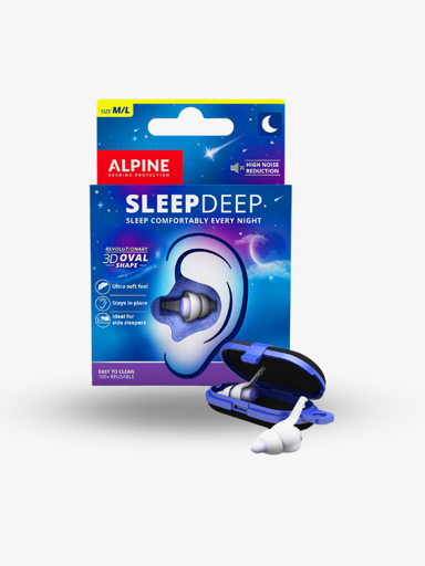 Alpine SleepDeep i blå eske med tegning av et øre, foran en åpen mørkeblå oppbevaringsboks med to hvite, ovale ørepropper
