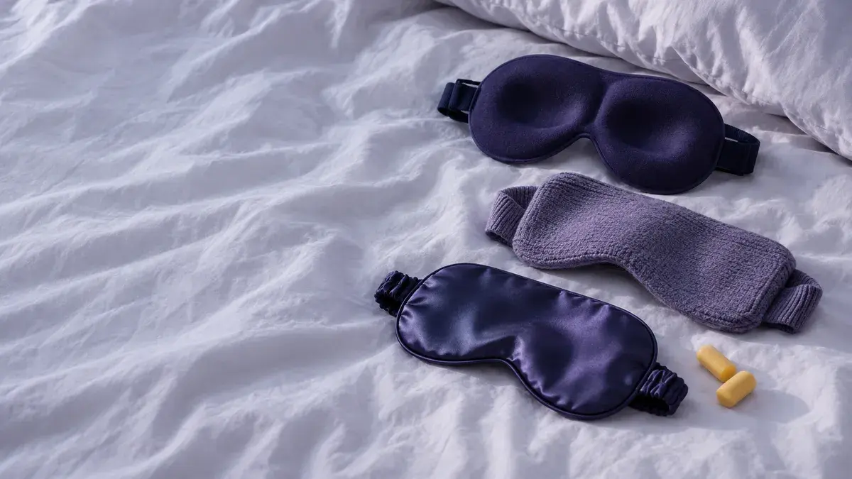 Tre sovemasker på lyst sengetøy, en formet mørkeblå 3D-maske, en bred grå maske i strikket stoff og en blank mørkeblå silkemaske, med to gule skumpropper ved siden av